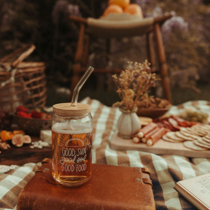 Glass Can Cup (16 oz) "Good Sun, Good Soil, Good Food"