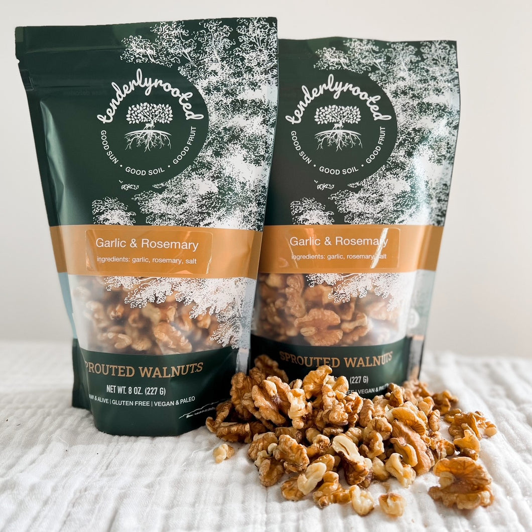 Two bags of Garlic and Rosemary Sprouted Walnuts Flavor of the Month Subscription - Tenderlyrooted